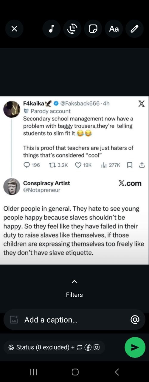 TIQ\ Akaka. @Faksback666-4h x Sy. & Parody account “Secondary school management now have a problem with baggy trousers,theyre telling: | istudents toslim fit it Bo. | -tThisis proof that teachers are just haters of ‘things thats considered “cool” , (Oe AB2ki Orsk: alfavk: AY ih Conspiracy Artist: X.com \ .@Notapreneur’ ‘Older people in general. They hate to see young